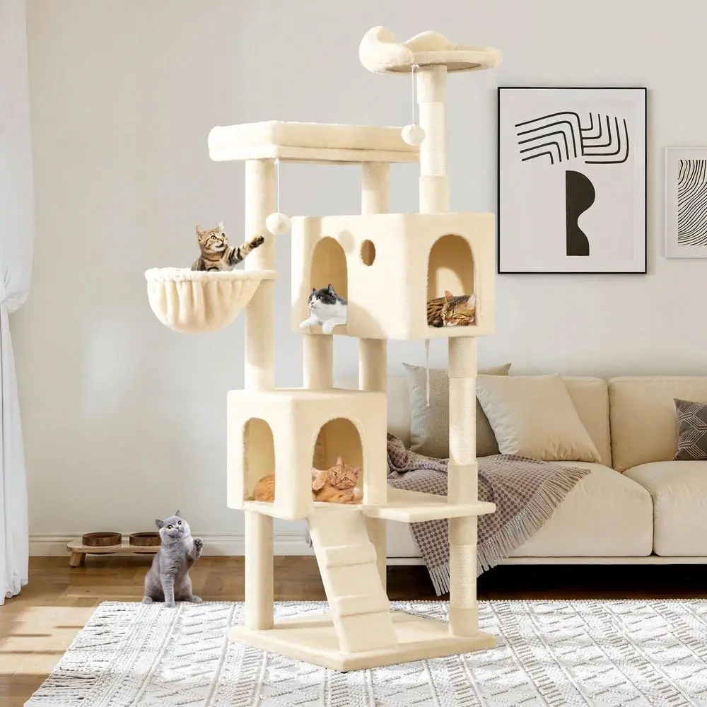 

64 Inches Cat Tree Tower MultiLevel Activity Center For Indoor Big Felines 2 Plush Condos 2 Perchs Basket House Sisal chin