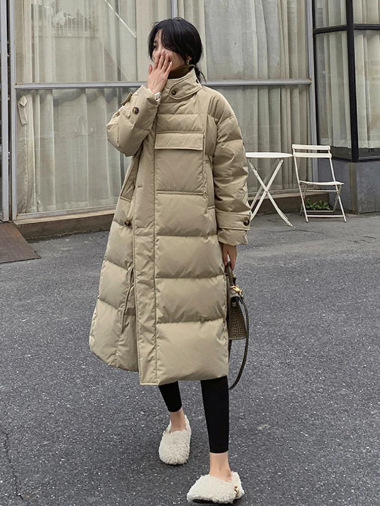 Elegant Commuting Down Cotton Jacket Winter New Stand Collar Loose Plus Size Thicken Windbreaker Midi-Length Cottons Coat Women