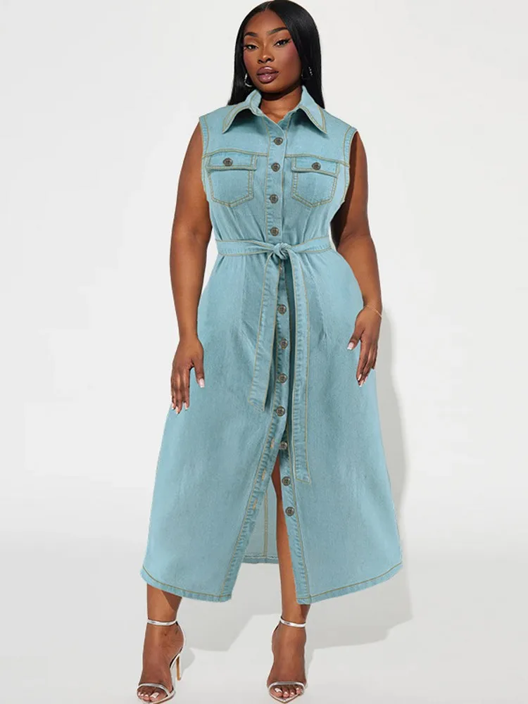 XL-5XL Plus Size Elegant Maxi Dress 2024 Summer Women Denim Solid Color Dress Casual Sleeveless Turn Down Collar Robe Dress