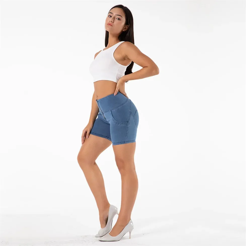 Shascullfites Melody High Rise Athletic Jeans Shorts Light Blue Hip Push Up Ladies Denim Shorts Skinny Fit Short Pants Summer