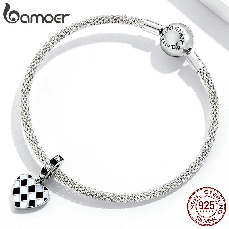 BAMOER 925 Sterling Silver Trendy Checkerboard Love Pendant fit for Original Bracelet & Bangle Fine Jewelry Charms