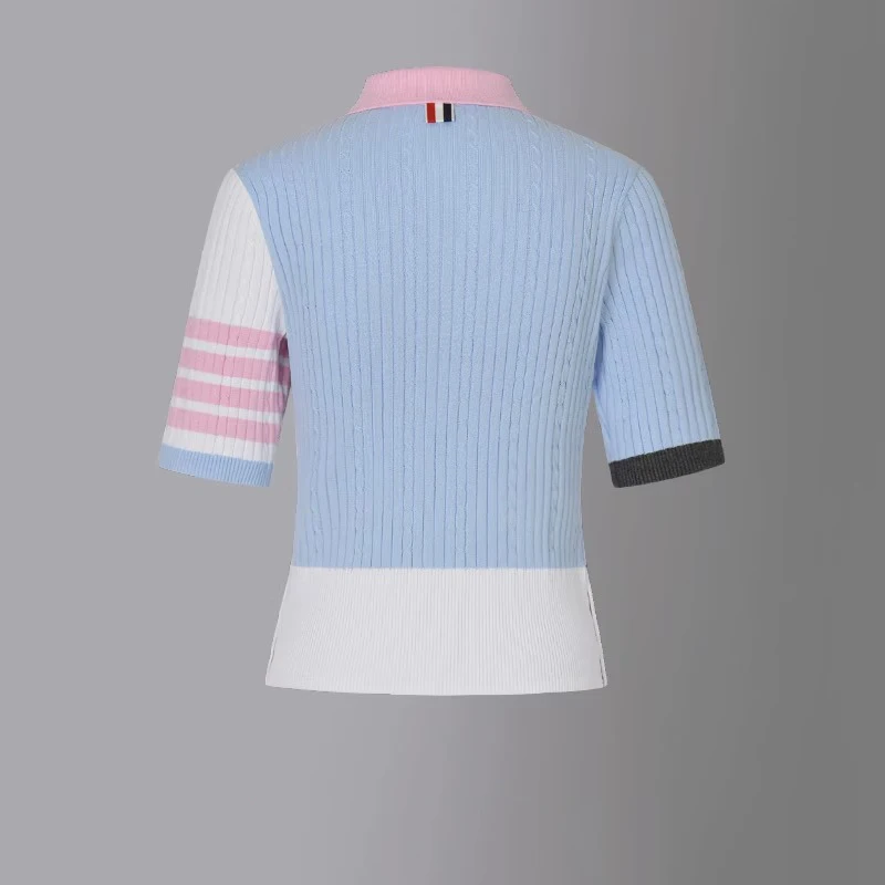 TB THOM Women\'s Knitwear Fashion Casual Pink Kawaii 4-Bar Striped Design Sweaters Top Quality Wool Slim Lapel POLO Knit Pullover