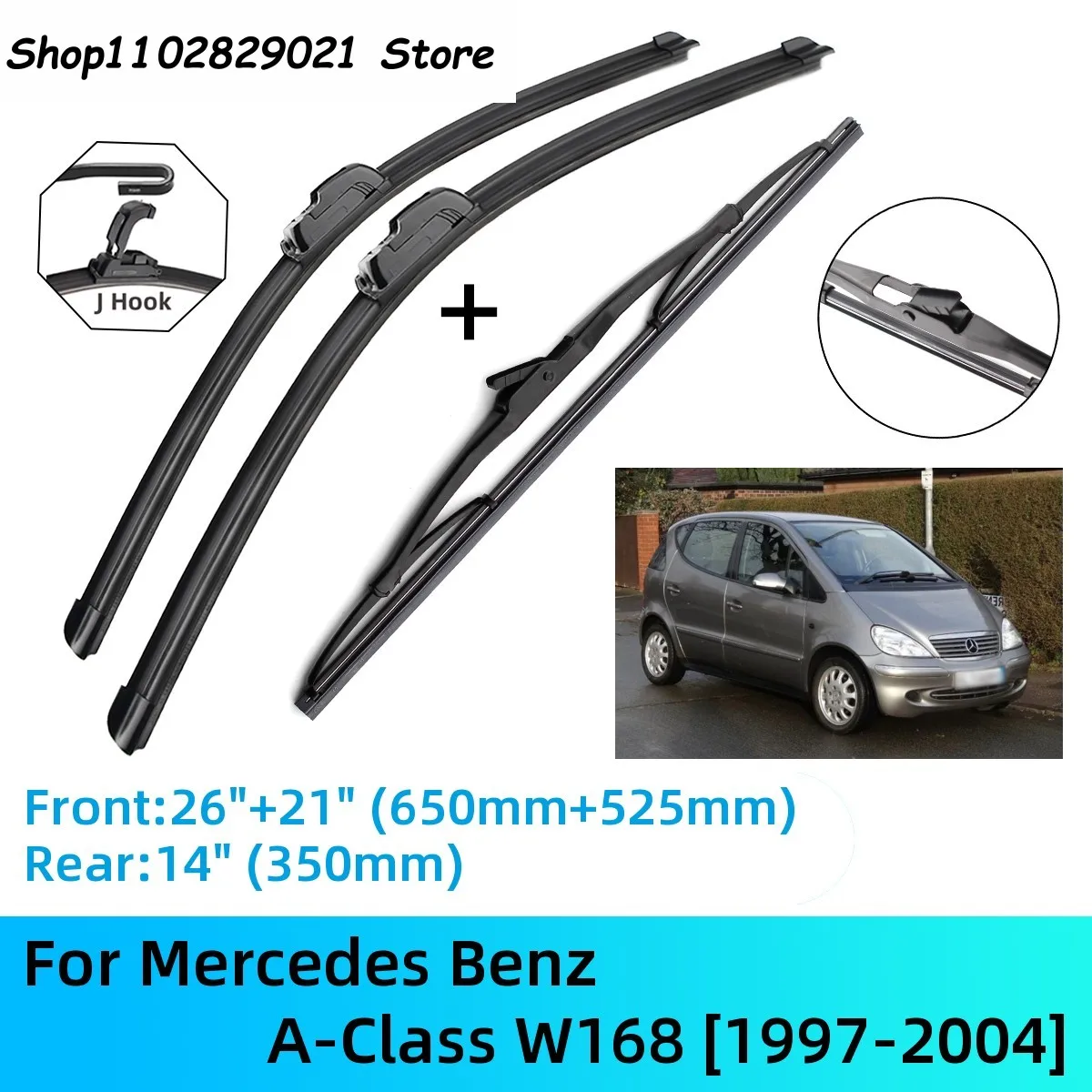 

For Mercedes Benz A-Class W168 Front Rear Wiper Blades Brushes Cutter Accessories J U Hook 1997-2004 1997 1998 1999 2000 2001