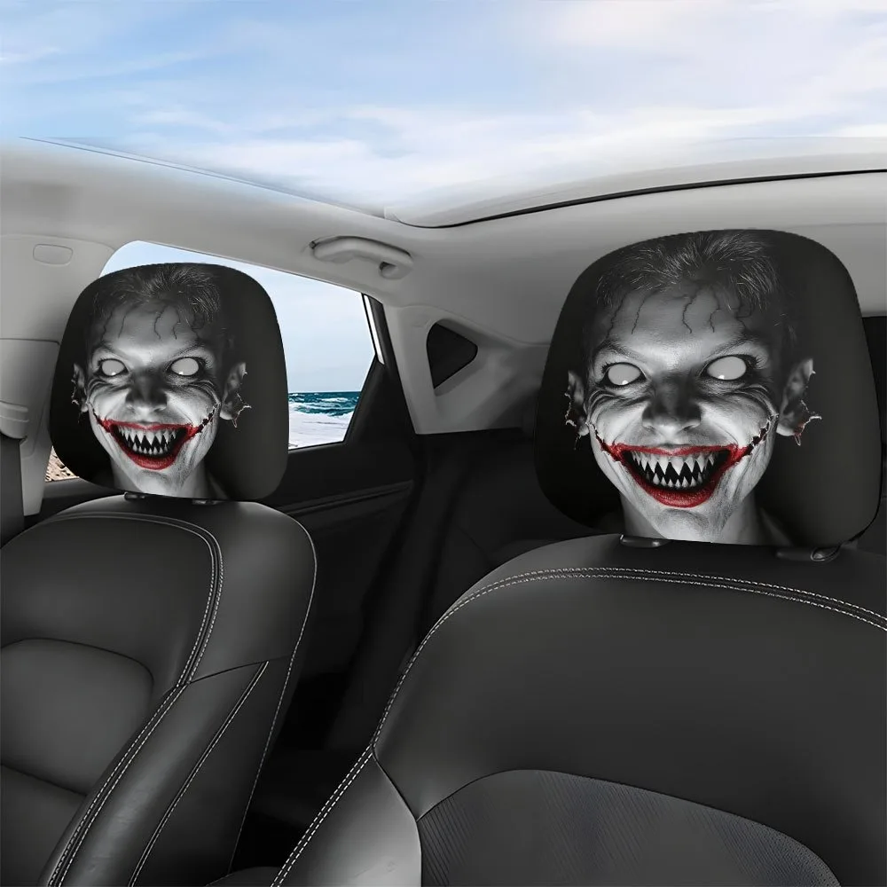 2pcs car headrest covers featuring a scary face design; cool seat accessories and protective covers; unfilled; easy to install