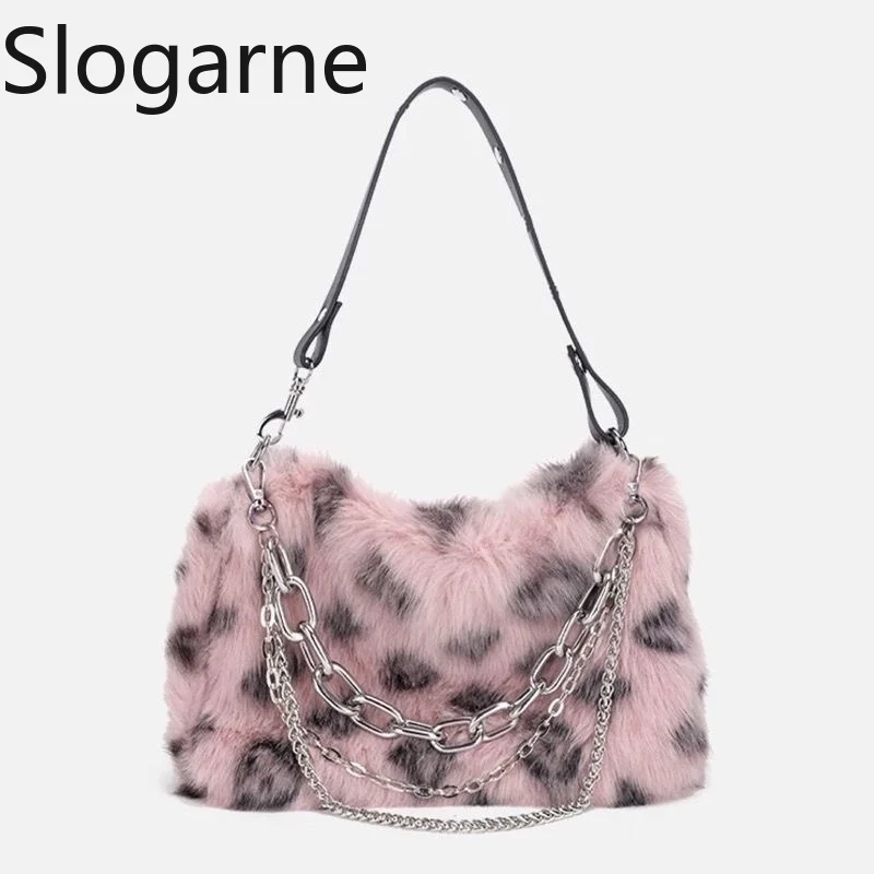 Зимние сумки с цепочкой, женские новые сумки на плечо из искусственного меха с леопардовым принтом, женские дневные клатчи с леопардовым принтом, вечерние сумки с пушистой верхней ручкой