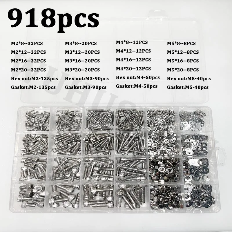 

918pcs Nuts and Bolts Assortment Kit - M2, M3, M4, M5 Hex Head 304 Stainless Steel Bolts, Nuts, Flat Washers, and More