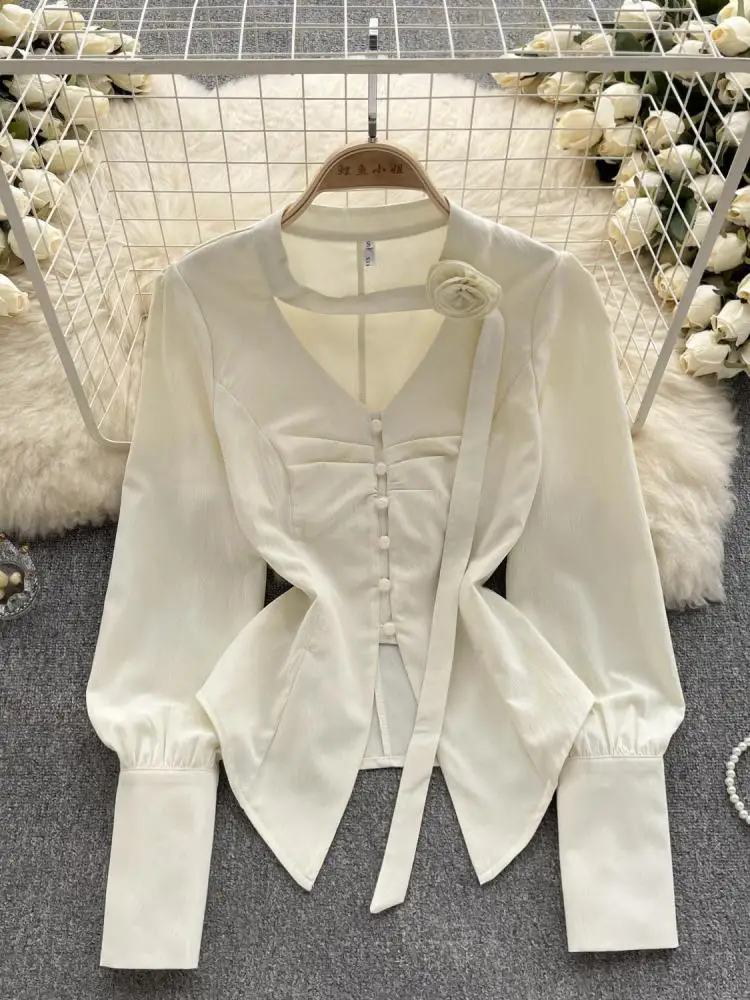 

French Vintage Beige Lantern Long Sleeve Shirts For Women Autumn V Collar Pleated Tops Irregular Slim Blouses Fashion Beautiful