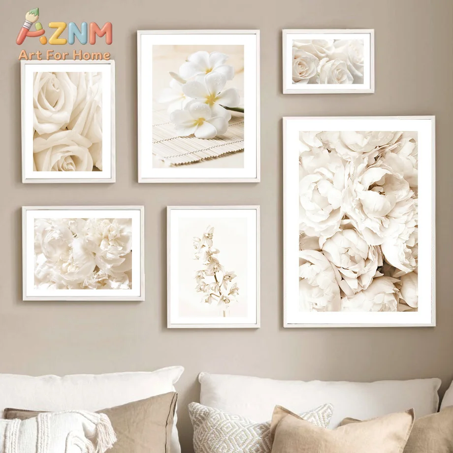 AZNM Neutral Cream White Flower Canvas Wall Art Peony Rose Plumeria Soft Beige Floral Botanical Picture Unframed Canvas Home Dec