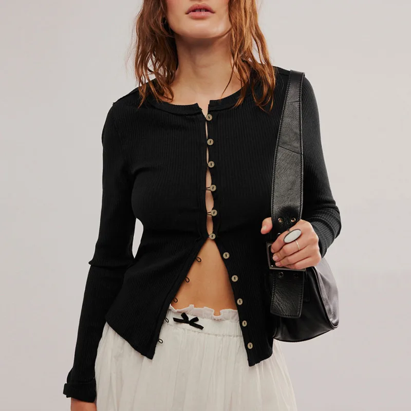 

Женский теплый кардиган в рубчик с воротником на пуговицах, осень-зима, круглый однотонный элегантный однобортный повседневный топ с длинными рукавами Demeanor