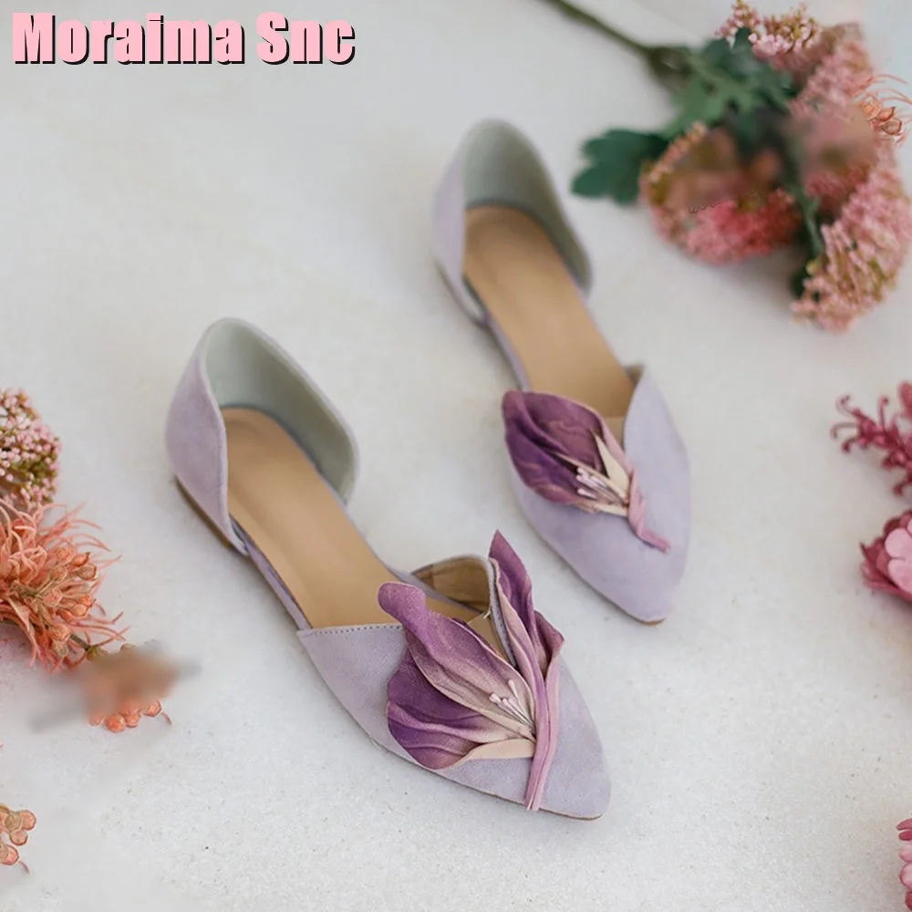 Flower Decor Pointed Toe Flat Shoes Shallow Genuine Leather Elegant Designer Women Shoes Sandals Summer Fashion Vintage Style