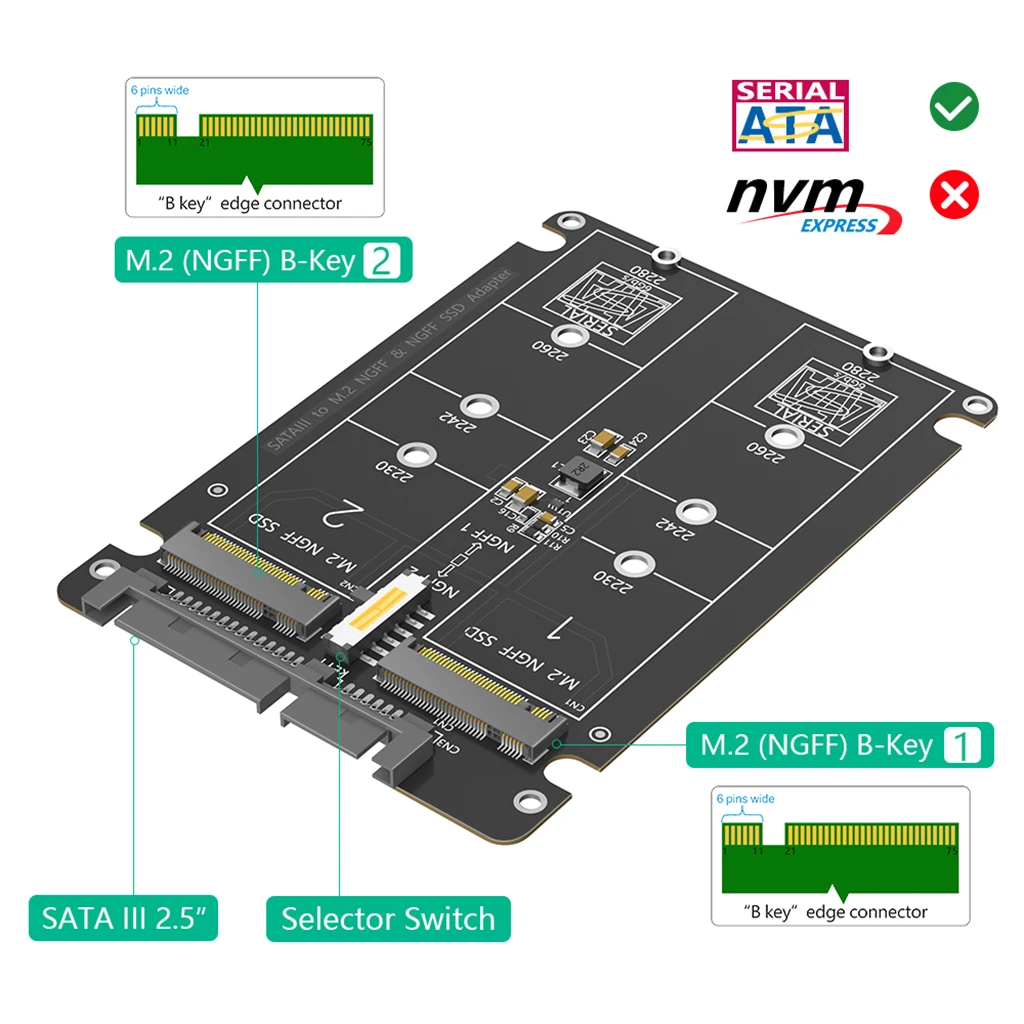 

For Dual NGFF M.2 B Key SSD to 2.5" SATA III With Black Plastic Enclosure for NGFF M.2 B-KEY SATA-bus 2230/2242/2260/22x80 SSD