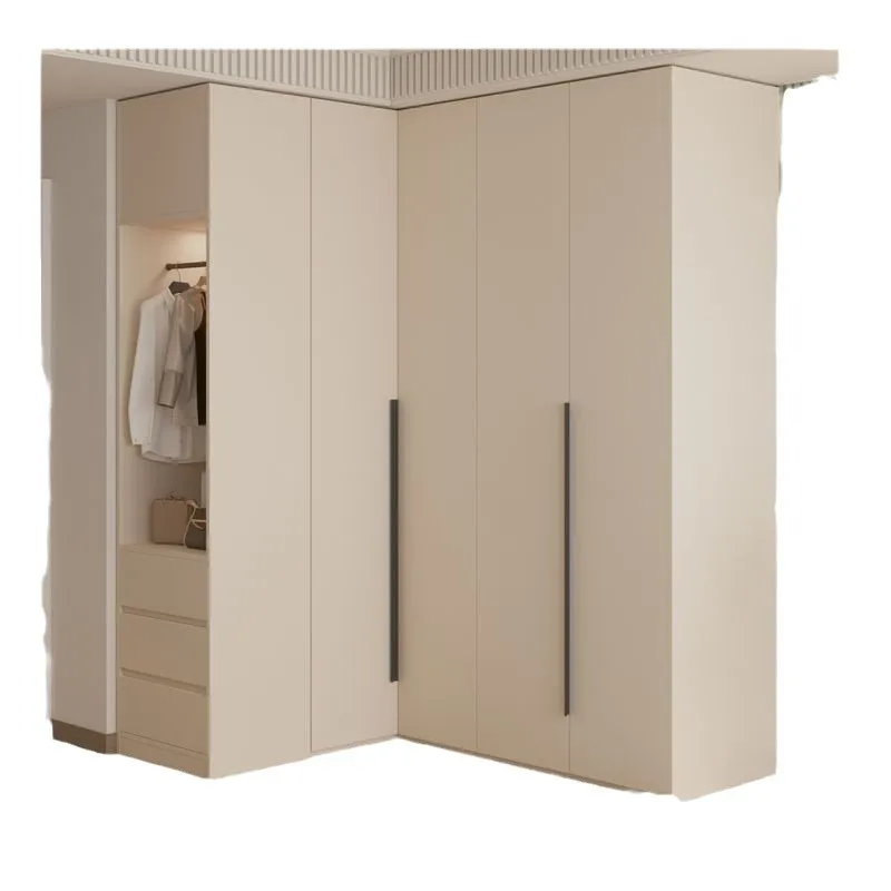 Armoire d'angle en forme de L, commode intégrée, une porte au dessus de la chambre à coucher, petit appartement crème vent