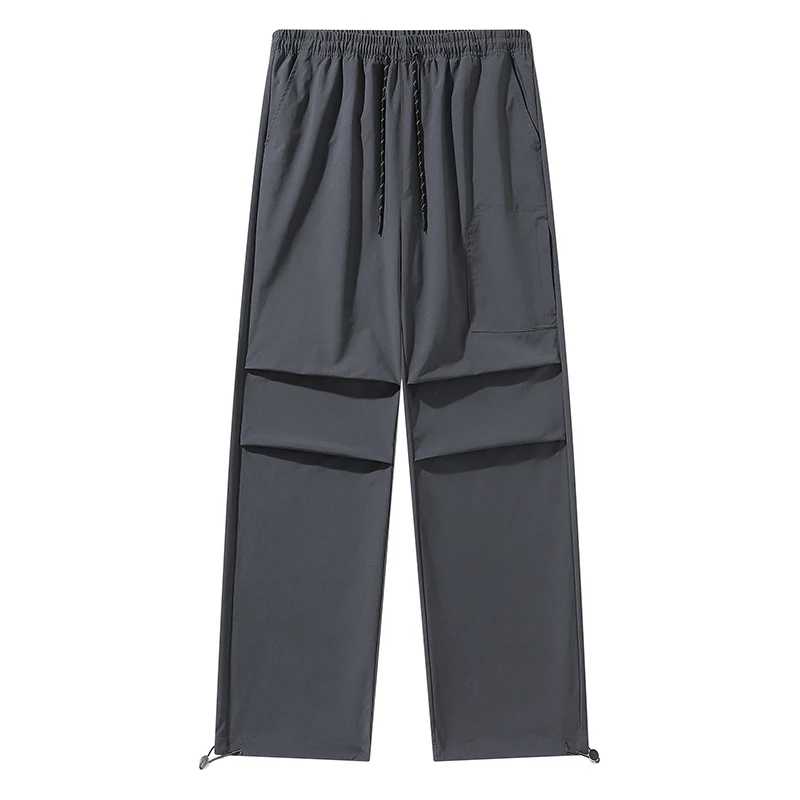Spring Autumn Men's Solid Pockets Shirring Drawstring Bandage Elastic High Waisted Casual Loose Sports Trousers Clothing Pants