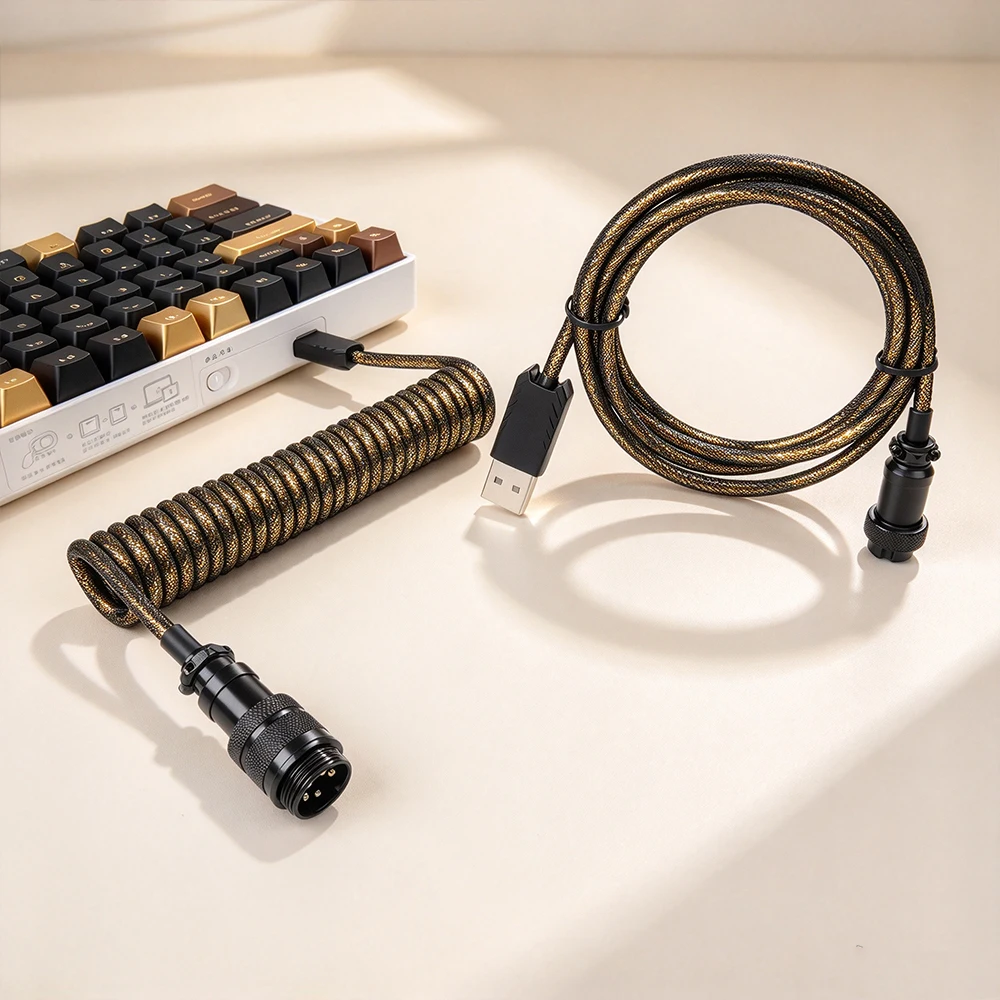 New model Type-C to USB Colorful Coiled GX16 Aviator Keyboard Cable Double Sleeved Braided Wire for Mechanical Keyboards|Colorfu