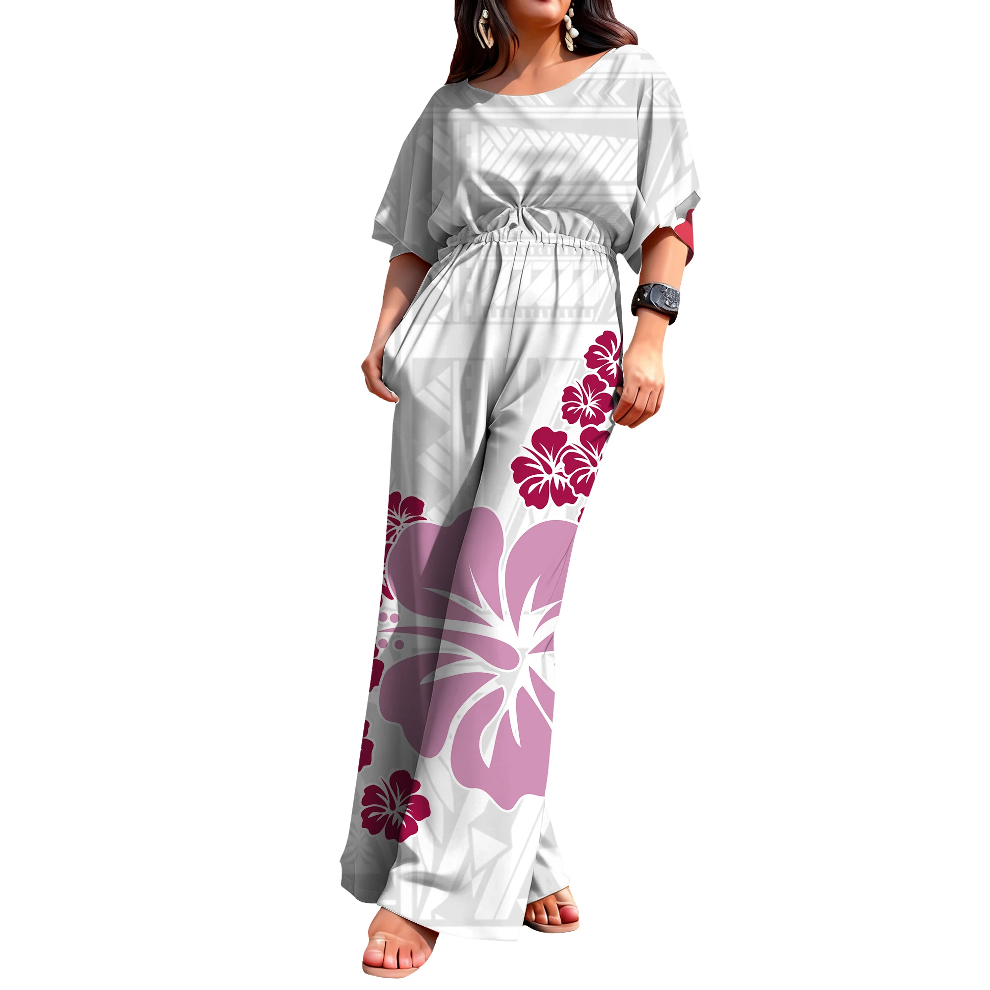 

Fashionable And Casual Round-Neck Mid-Sleeved Cinched Waist Women'S Jumpsuit Samoan Custom Tribal Design Clothing