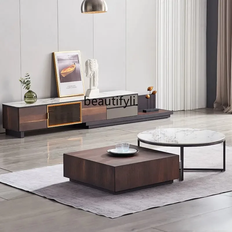 โต๊ะกาแฟทรงสี่เหลี่ยมสไตล์อิตาเลียนหรูหราเบาๆ รุ่น V132 สีสโมคกี้ โมเดิร์น มินิมอล สำหรับห้องนั่งเล่น พร้อมตู้เก็บของใต้โต๊ะ