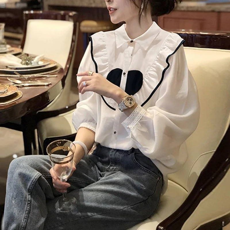 

Spring New Ruffled Edge Patchwork Blouse Long Sleeve Polo Neck Solid Color Loose Office Shirt Tops Fashion Elegant Women Clothes