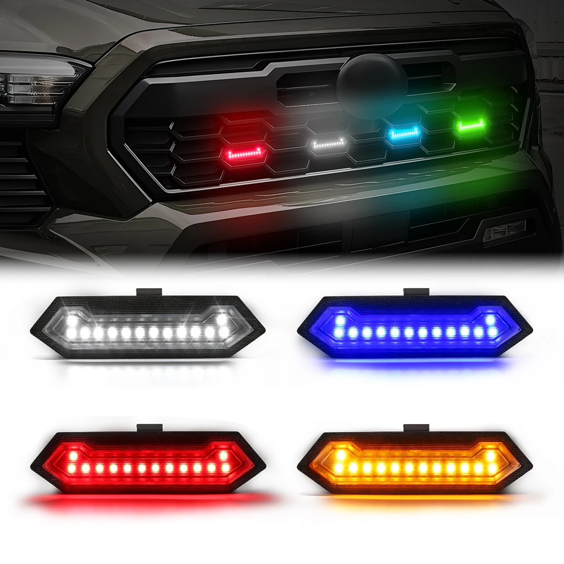 

For Toyota Tacoma TRD Sport 2024 RGB Front Grille Lights 4 Pcs Multi-Color LED Warning Lamp Daytime Running Light APP Control