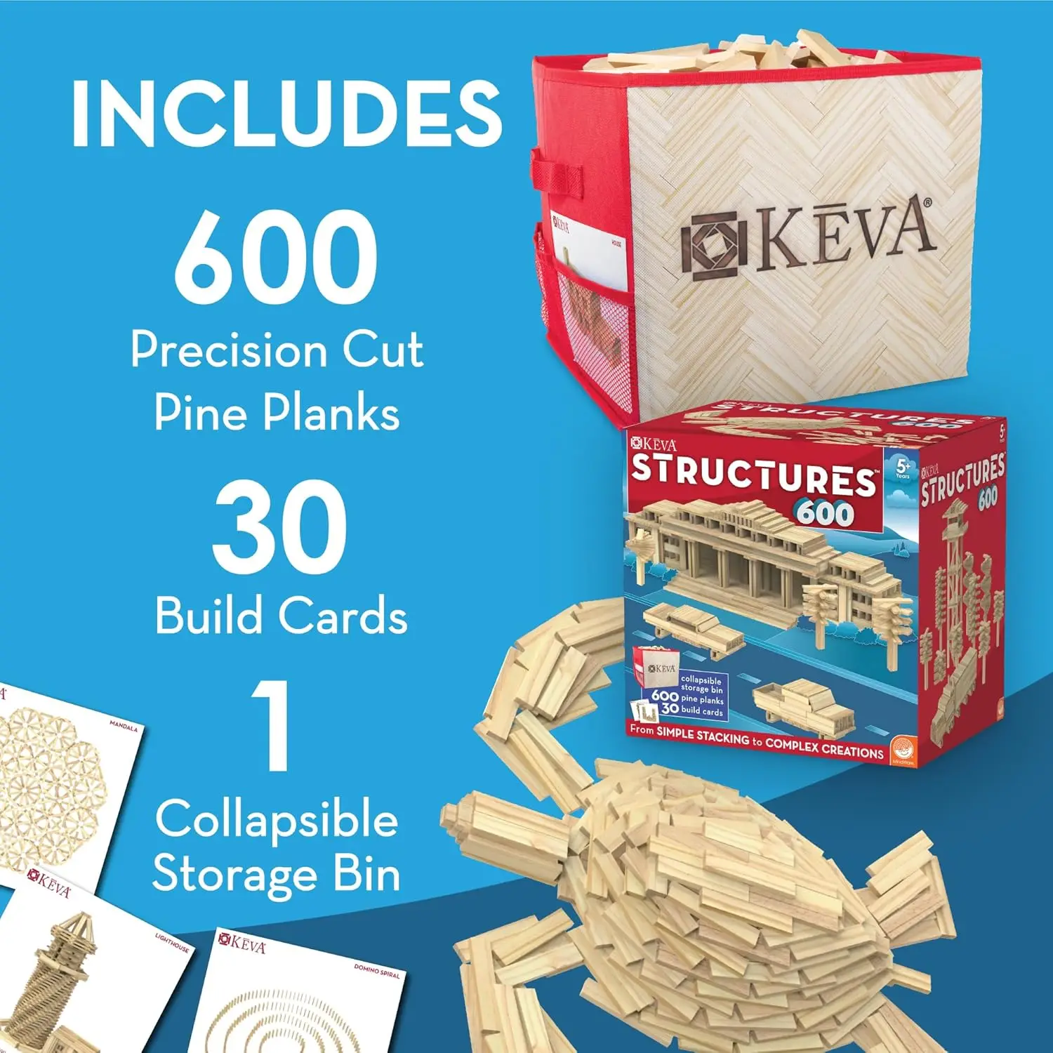 Structures 600 Plank Wooden Building Blocks Set, Includes 600 Pine Planks, 30 Idea Cards and Collapsible Storage Bin