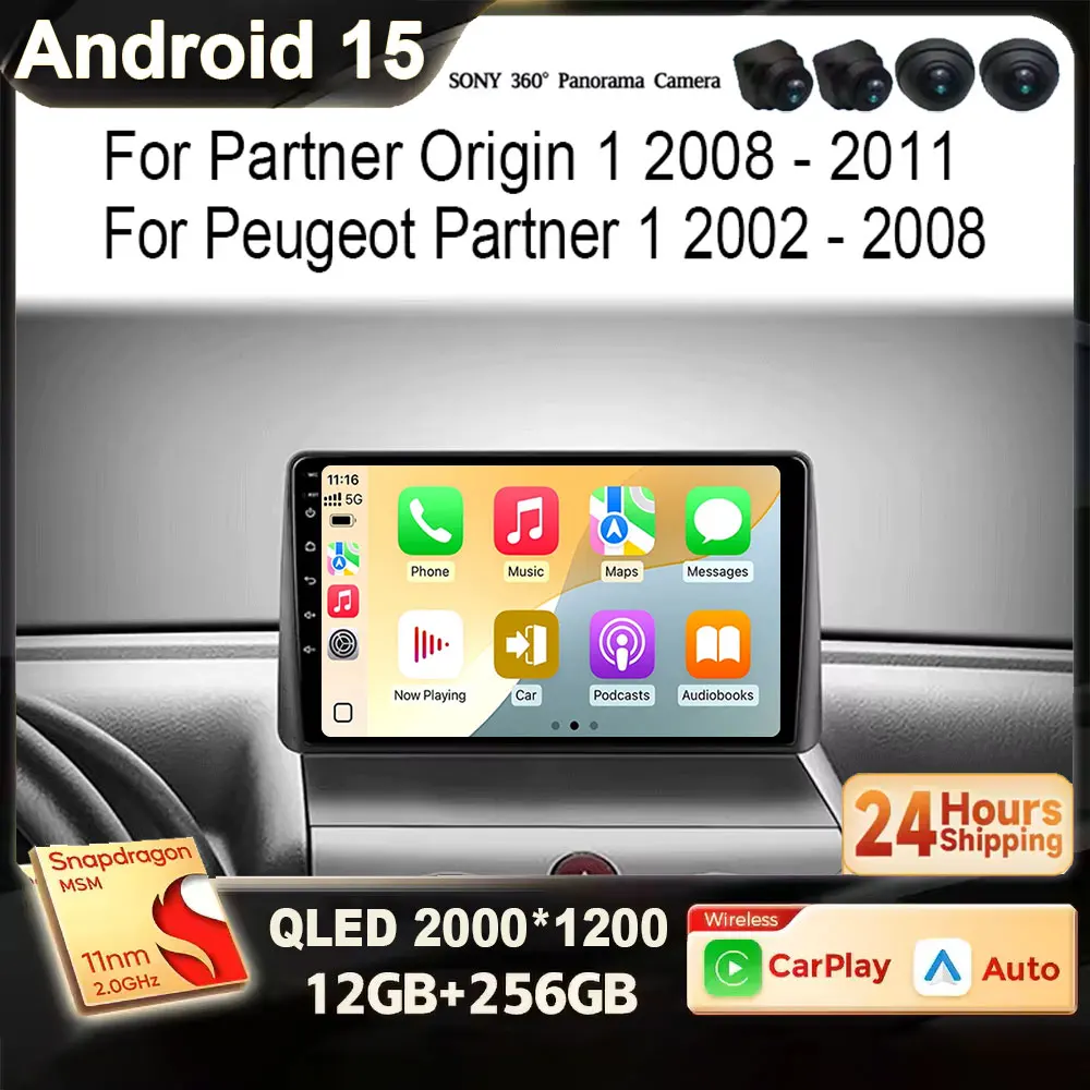 Für Peugeot Partner 1 2002 - 2008 Partner Origin 1 2008 - 2011 Android 15 Carplay Bildschirm Video Autoradio GPS-Navigation Auto 4G