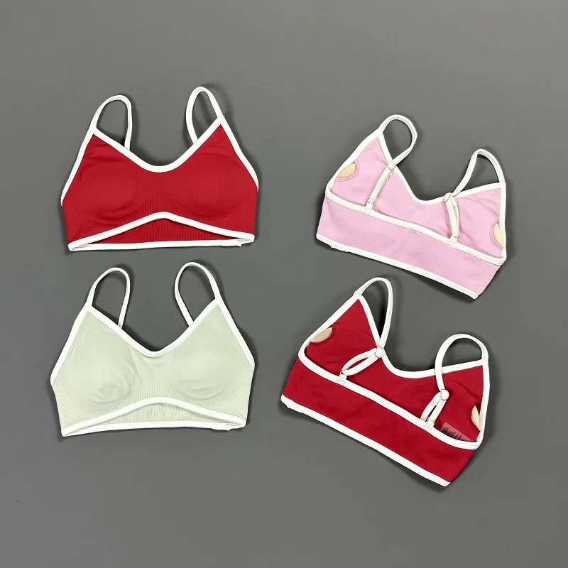 Women Contrastline Yoga Bra V Neck White Edge Thin Strap Wirefree Padded Sports Bra Seamless Daily Workout Fitness Crop Top - view 2