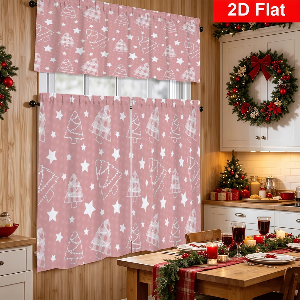 Christmas Kitchen Curtains, Pink Christmas Tree Gold Star, Digital Print, Kitchen Dining Room, Rod Pocket Polyester, Home Decor