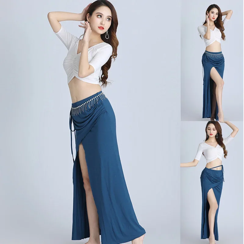 우아한 섹시 밸리 댄스 의상 여성 전문 성능 연습 양복 v 넥 탄성 맞는 탑 + 스커트 댄스 의류