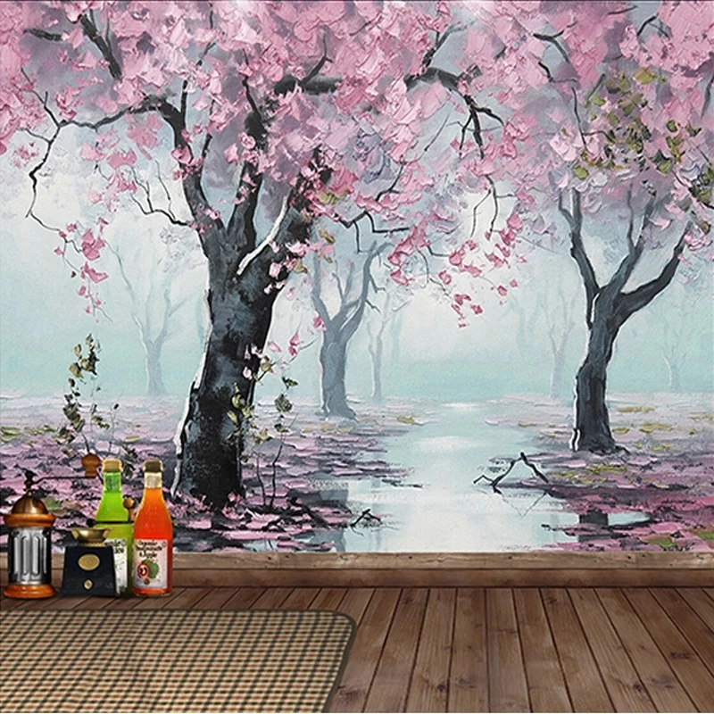 Custom Mural Wallpaper 3D Embossed Flowers Oil Painting Wall Bedroom Living room TV background restaurant Pink Tree woods Forest