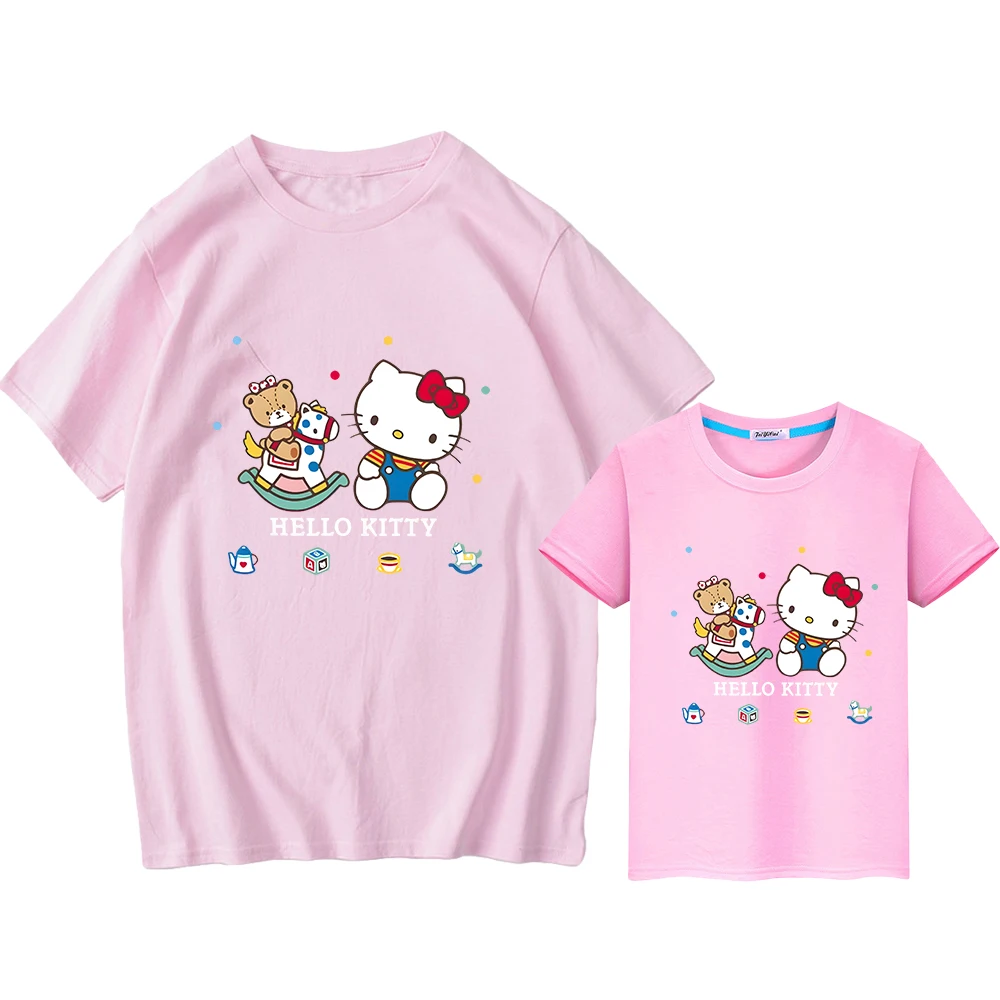 hello kitty family matching outfits Men women Anime Short y2k Print 100%Cotton boys girls T-shirt mommy daughter matching clothe