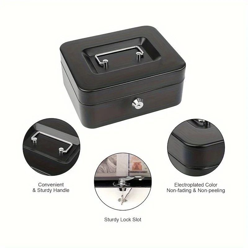 Metal Cash Box with Key Lock - Secure Coin Storage & Piggy Bank for Office/Home, Includes Handle