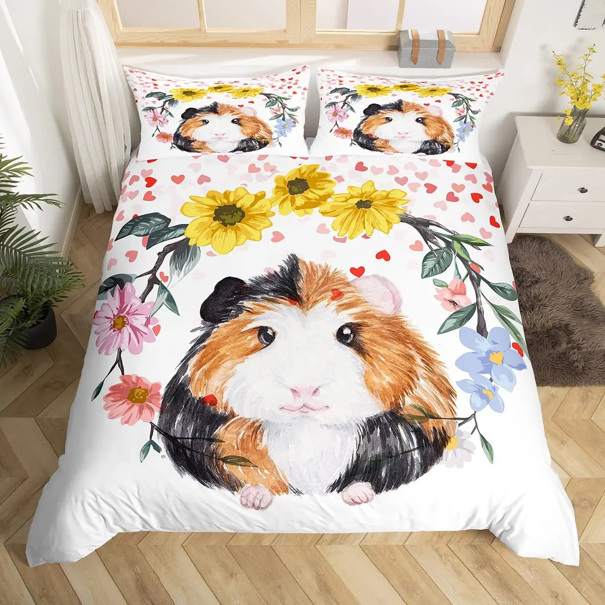 Guinea Pig King Queen Bedding Set Lovely Cartoon Mouse Duvet Cover Flower Plant Animal Comforter Cover Polyester Quilt Cover