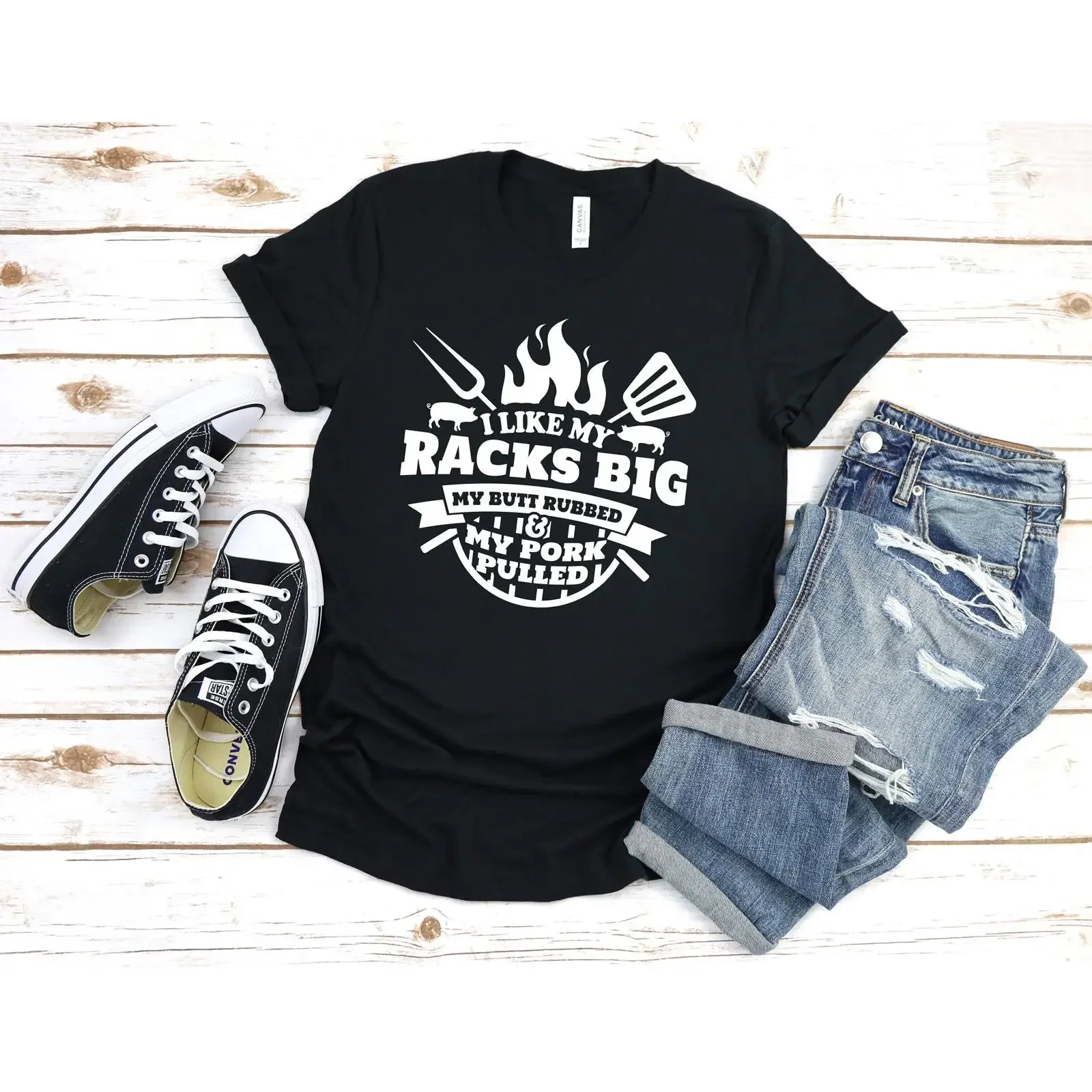 Funny BBQ Grilling T Shirt I Like My Racks Big Butt Rubbed Pork Pulled Sarcastic Dad Father's Day Cooking Casual Tops vintage