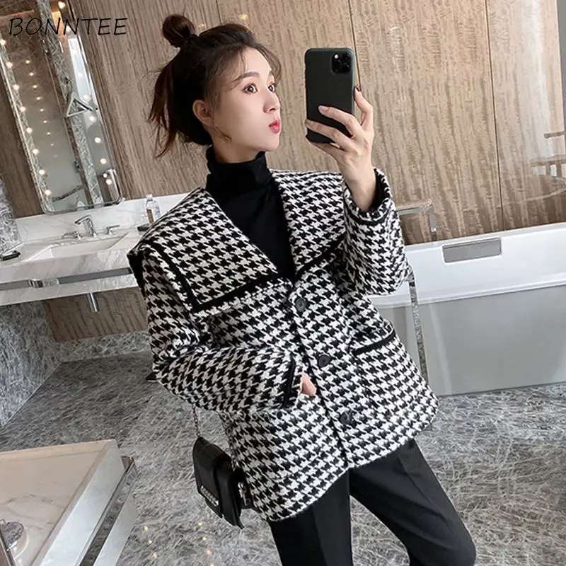 

Blends Women Plaid Turn-down Collar Vintage Fashionable Leisure Outwear Thicken Winter Korean Version Design Classic Coat Newest