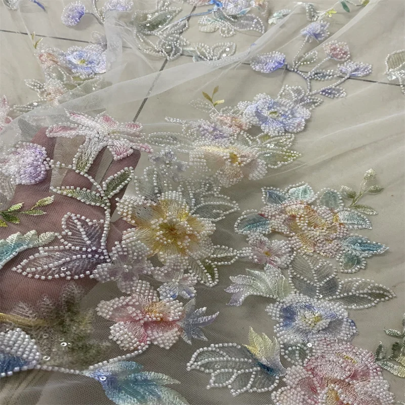 

Bugle Bead Sequin Floral Embroidered Tulle Fabric for DIY Sewing Evening Dress Garment Accessories Clothing Fashion Cloth