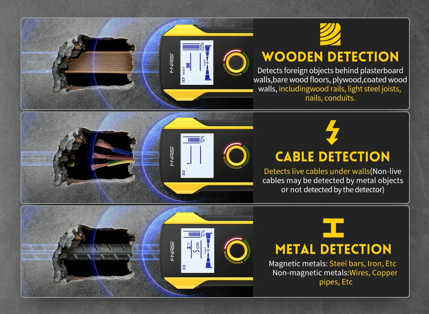 FNIRSI WD-01 WD-02 Wandscanner zur Erkennung von Holz, AC-Kabeln, Metallrohren, Bewehrungsstäben und Bohrlöchern für Dekorationspositionierung – Detail 4
