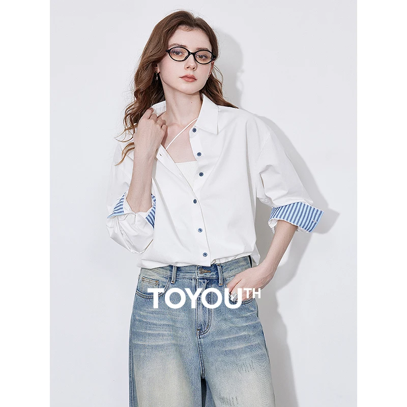 TOYOUTH Women Blouse Shirt 2025 Spring New Striped Turn Down Collar Long Sleeve Office Lady Style Pure Cotton Shirt Tops