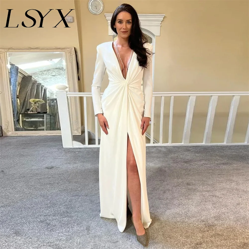 LSYX-vestido de novia con escote en V profundo, manga larga abullonada, plisado, crepé, sirena, cremallera trasera, abertura lateral alta, longitud hasta el suelo, 2023