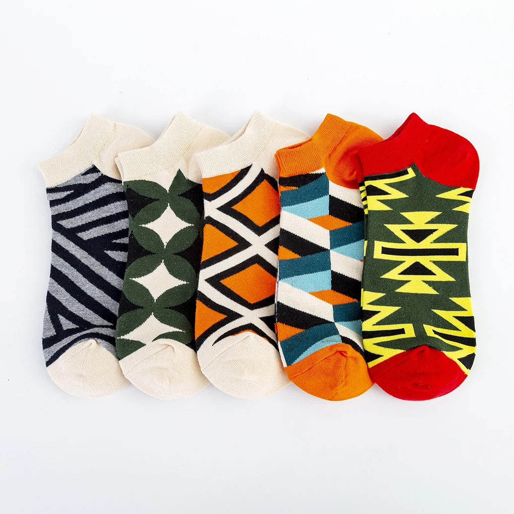 

5 Pairs Men's Casual Novelty Ankle Socks Quality Business Geometric Lattice Colorful Summer Happy Combed Cotton Short Socks