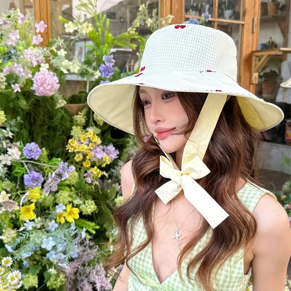 Ribbon Women Fisherman Hat Lace Wide Brim Sunshade Hat Breathable Double Sided Wearable Embroidered Cherry Bucket Hat Summer
