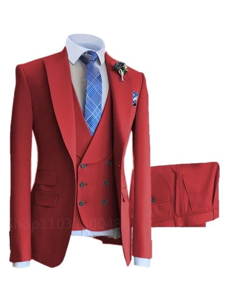 Solid Men's 3 Piece Slim Fit Groom Tuxedos Peak Lapel One Button Suit for Business Smart Casual Jacket Vest Pants Men Clothing