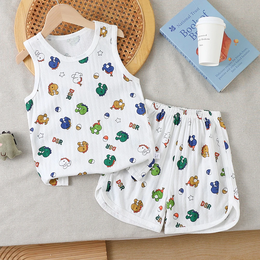 مجموعة سترة صيفية مطبوعة على شكل ديناصورات للأطفال والرضع - سترة وسروال قصير مريح من القطن الخالص للأولاد والبنات في ملابس منزلية غير رسمية