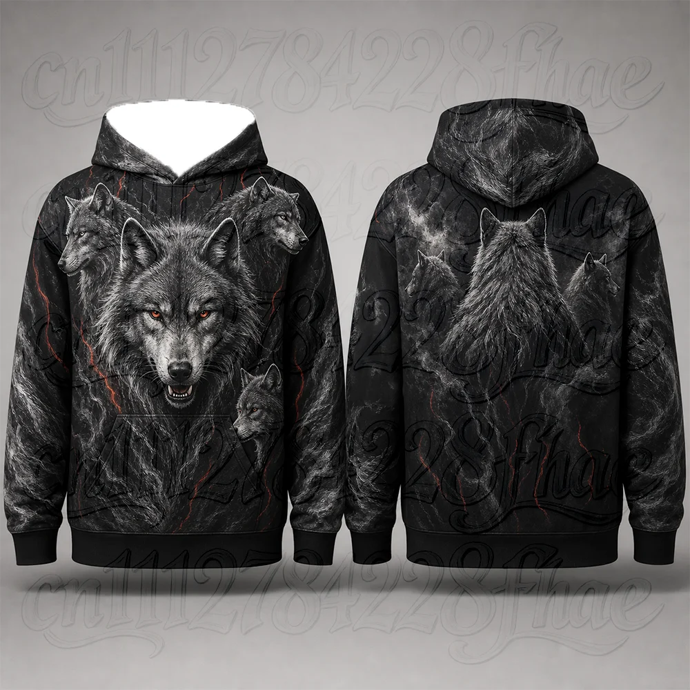 3D Gothic Lone Wolf Raven Print Cool Hoodie Parent-Child Winter Hunting Camp Long Sleeve Pullover Sweatshirt Harajuku Streetwear