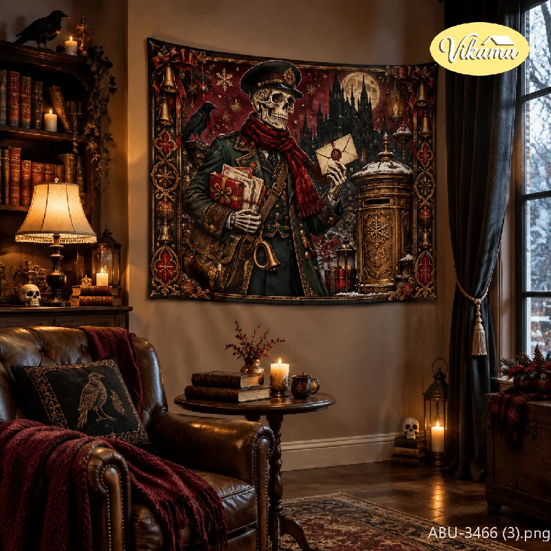 VIKAMA Gothic Christmas Organ Skull Tapestry, Vintage Red Robe Christmas Hat Background Cloth, Party Wall Decor