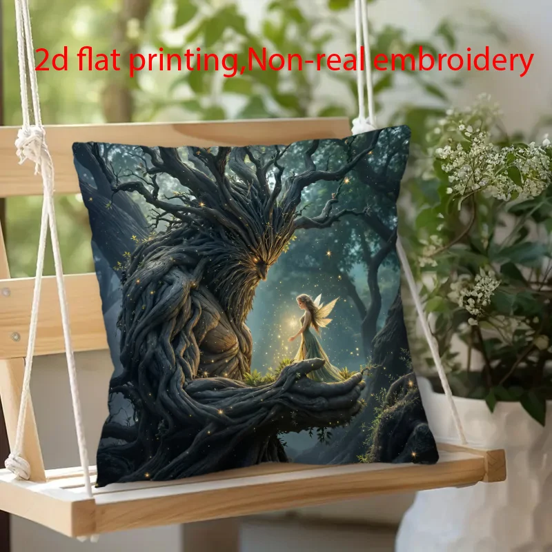 1pc 2D Flat Pillow Not Included Fairy Meeting Ancient Tree Spirit Fantasy Art Cushion Cover Short Plush Enchanted Decor GiftCase
