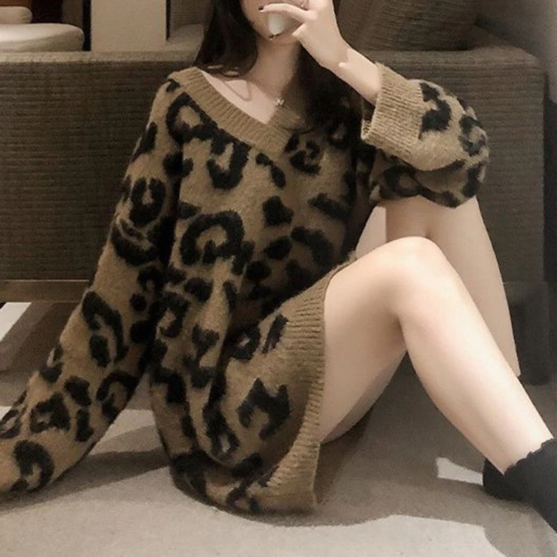 

Fashion Sexy Leopard Knitwear Sweaters Women Autumn Winter V Neck Pullover Knitted Sweater Women Casual Loose Jumpers Tops 29990