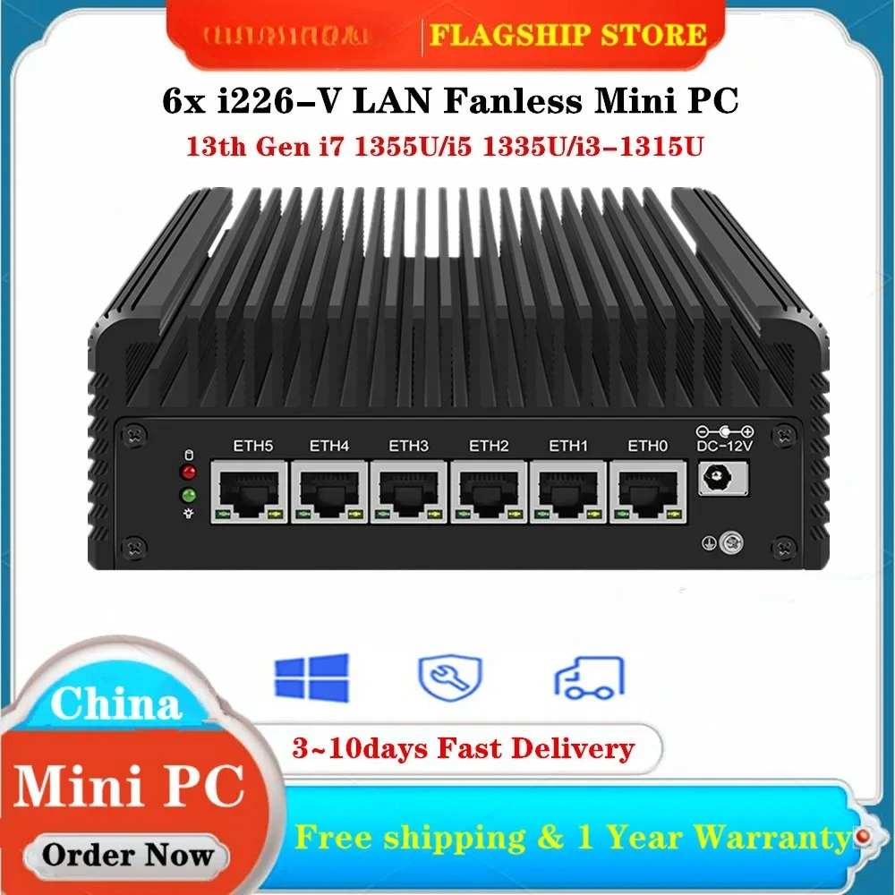 

6x i226-V LAN 13th Gen 2.5G Fanless Mini PC i7 1355U i5 1335U U300 Intel Firewall Appliance Soft Router Proxmox pfSense NAS