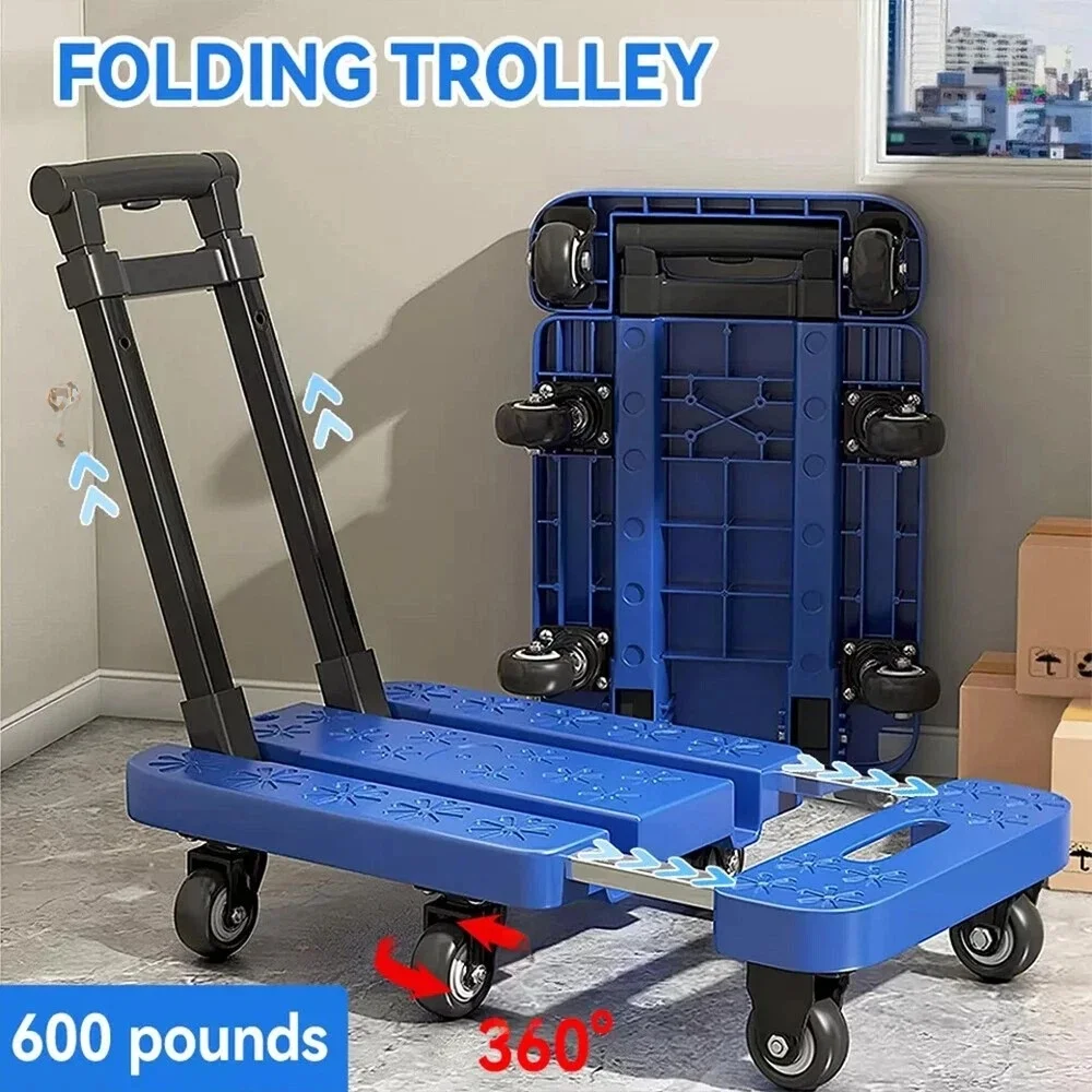 600LB / 270 Kg Tragfähigkeit Schwerlast-Klappbarer Handwagen, Faltbarer Plattformwagen mit Teleskopgriff, 6-Rad-Flachbett-Handkarren für Zuhause, Lager, Logistik, Garage