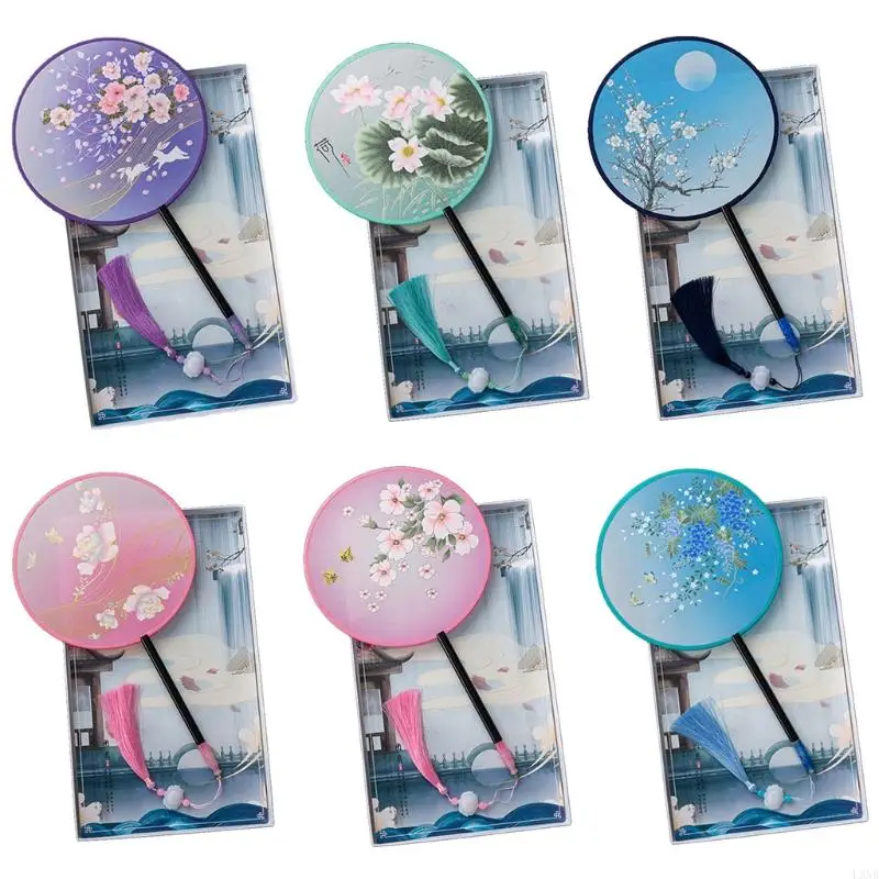 L9NB Chinese Silky Translucent Dancing Hand Fan Retro Flower Print Handheld Round Fan