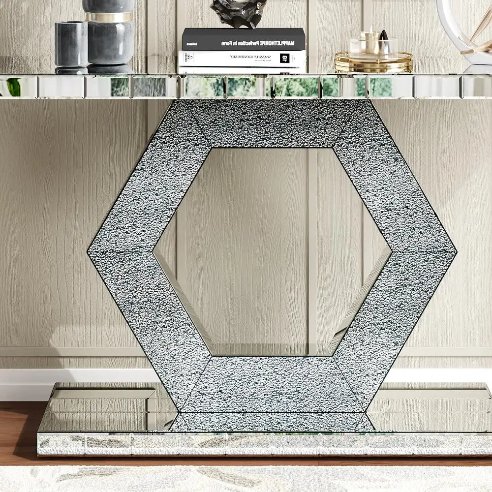 Mesa de console com espelho hexagonal de cristal com camada dupla de 55 polegadas moderna entrada de hall lux diamante vidro espelhado