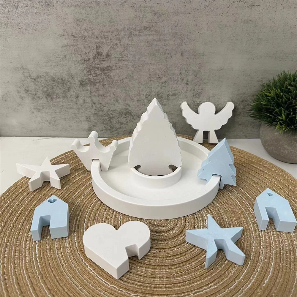 Angel House Concrete Pottery Molds Christmas Decoration Plug-in Heart Star Tree Gypsum Silicone Mold Round Tray Casting Making